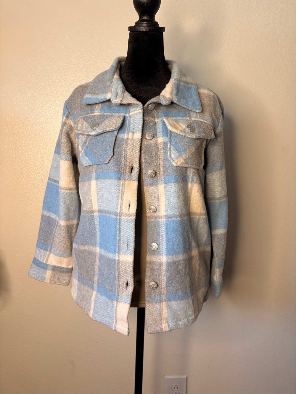 RSQ Blue, Gray and Cream Plaid Shacket Jacket